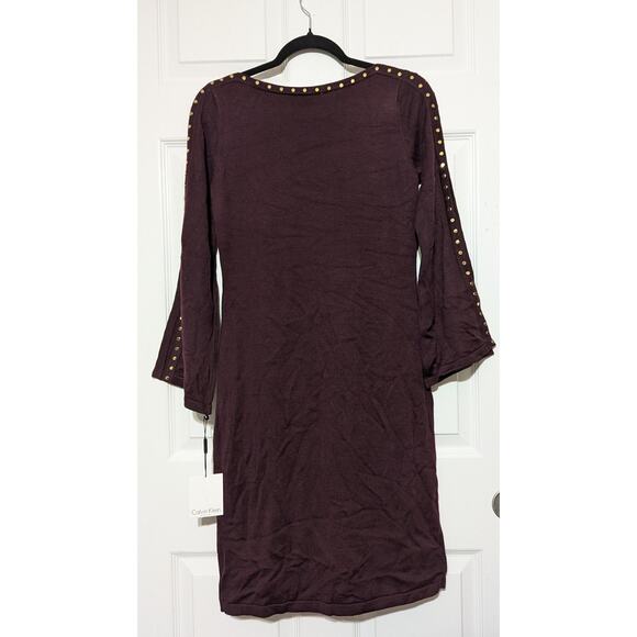 Calvin Klein Dress Womens Small Burgundy Studded Sweater Sheath 3/4 Bell Sleeve - Picture 6 of 10
